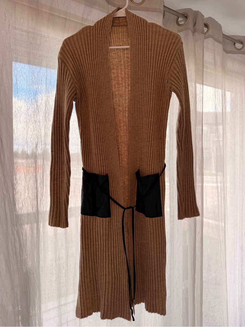 Ribbed Long Open Cardigan with Contrast Pockets - Camel